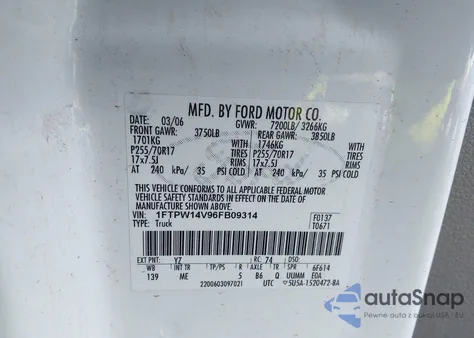 2006 Ford F-150 Fx4/Lariat/Xlt z USA, uszkodzony, nr VIN 1FTPW14V96FB09314